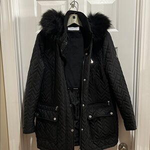 Calvin Klein Women's Black Puffer Jacket with Faux Fur